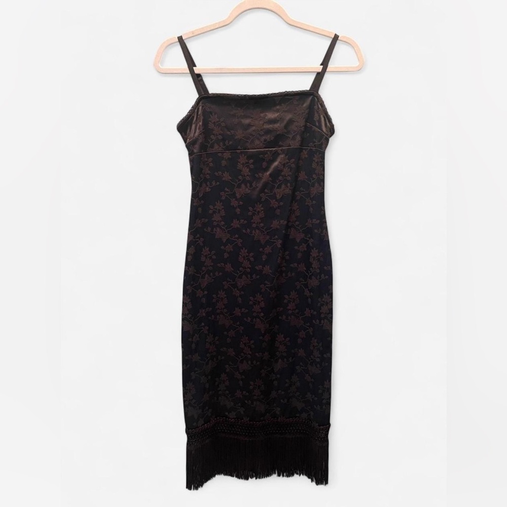 Vintage Necessary Objects Black Floral Midi Dress with Fringe